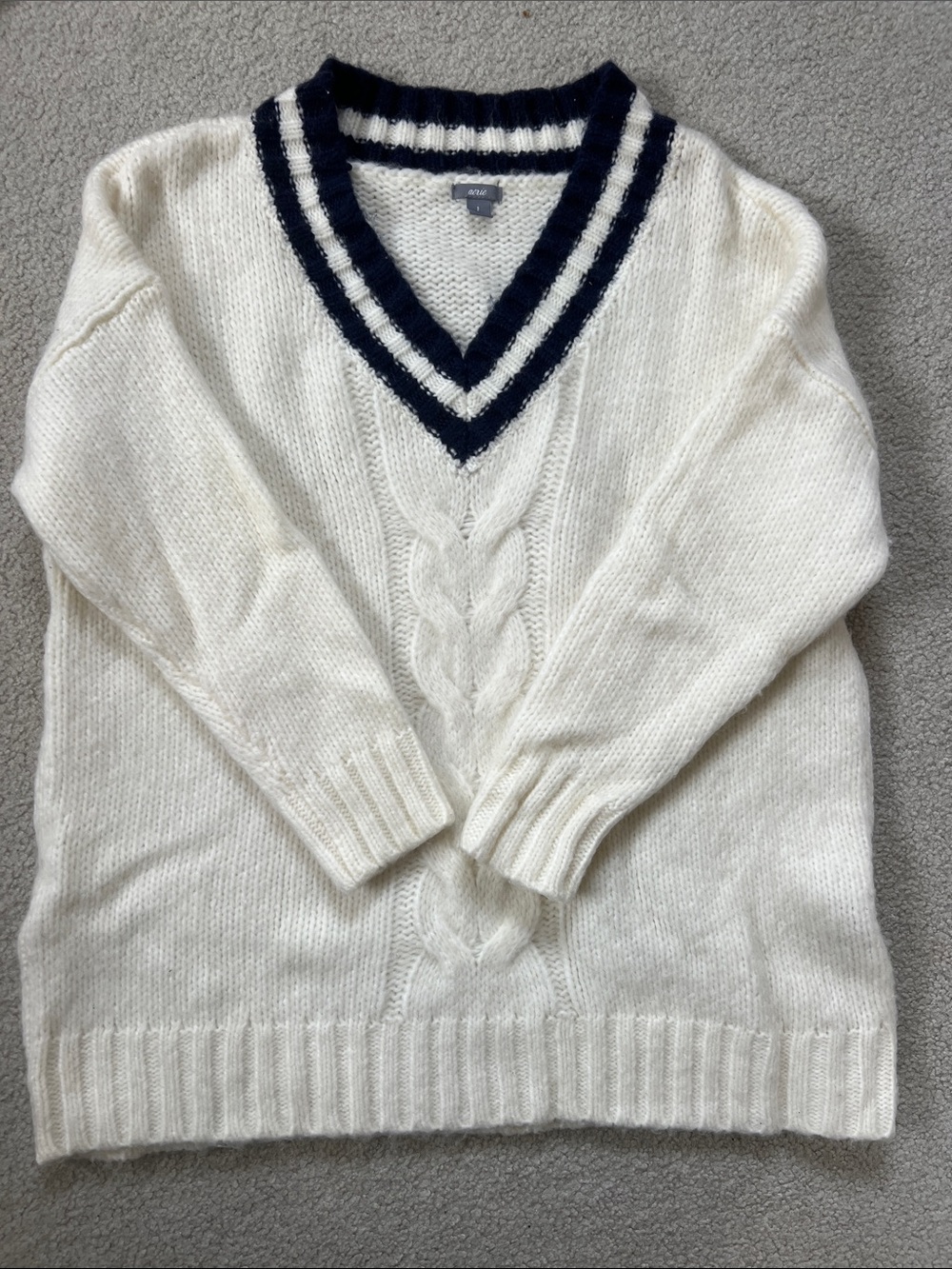 aerie Cream V-Neck Cable Knit Sweater with Navy Trim